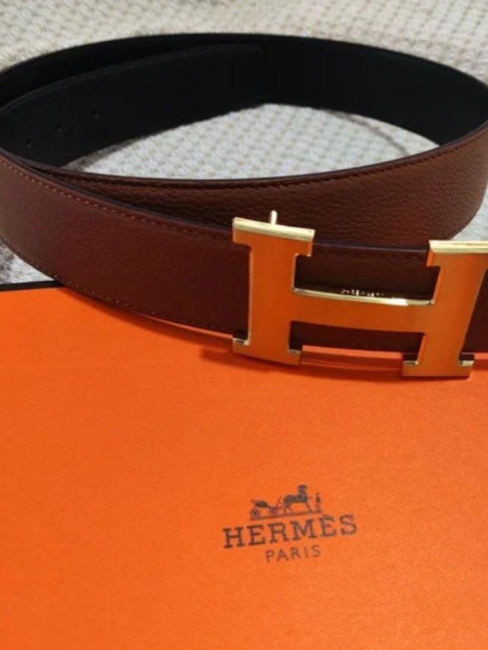 Hermès Gold H Buckle Leather Belt - Tan, 85cm with Original Box